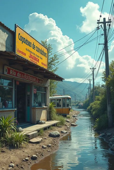 A commercial store with a sign: &#39;COPASA DE CARVALHOS - PAY YOUR SEWAGE FEE&#39;, throwing sewage water into the river with huge pipes and polluting it. On the riverbank there is a sign that says &#39;Rio dos Franceses&#39;.