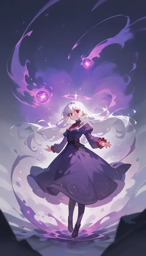 1 girl, solo, long white hair, red eyes, purple dress, time magic, purple mist swirling, fullbody