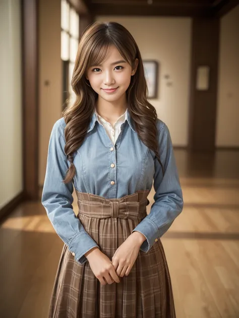 Cowboy Shot, (Early autumn date), ((British traditional fashion style clothing:1.2)), 
View the viewers, Japanese female university student, (One Woman:1.2), She is very beautiful, Glowing Skin, Perfect Face, Cute and symmetrical face, 
Light Brown Hair, M...