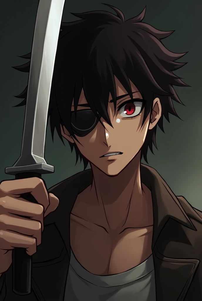 young man, with tanned skin, dark brown wavy and messy shoulder length hair. Good physique but not so strong, with black shirt and jeans. blind in the left eye, with dark circles. holding a knife. Anime style.
