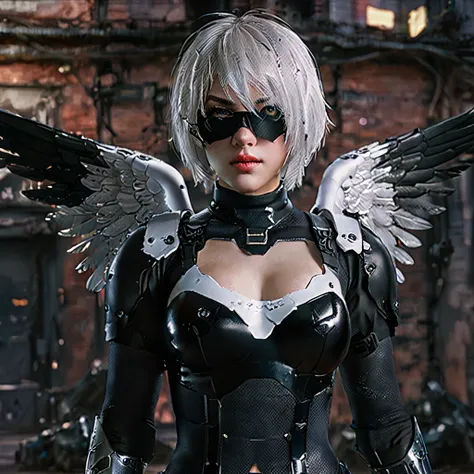 2b from nier:automata, cyberpunk outfit, holding angelic-winged gun, detailed face, beautiful detailed eyes, beautiful detailed ...