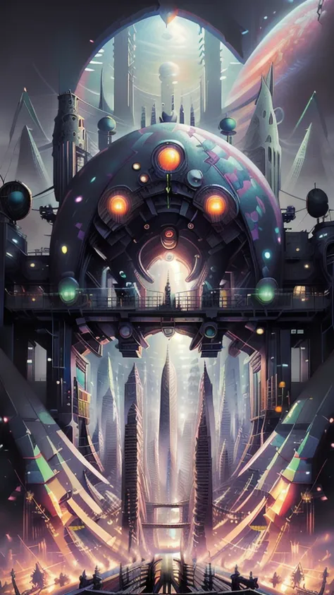 a close up of a futuristic city with a rainbow in the sky, colorful dystopian futurism, greg beeple, in fantasy sci - fi city, interplanetary cathedral, colorful sci-fi steampunk, sci-fi fantasy wallpaper, colorfull digital fantasy art, 4k solarpunk wallpa...