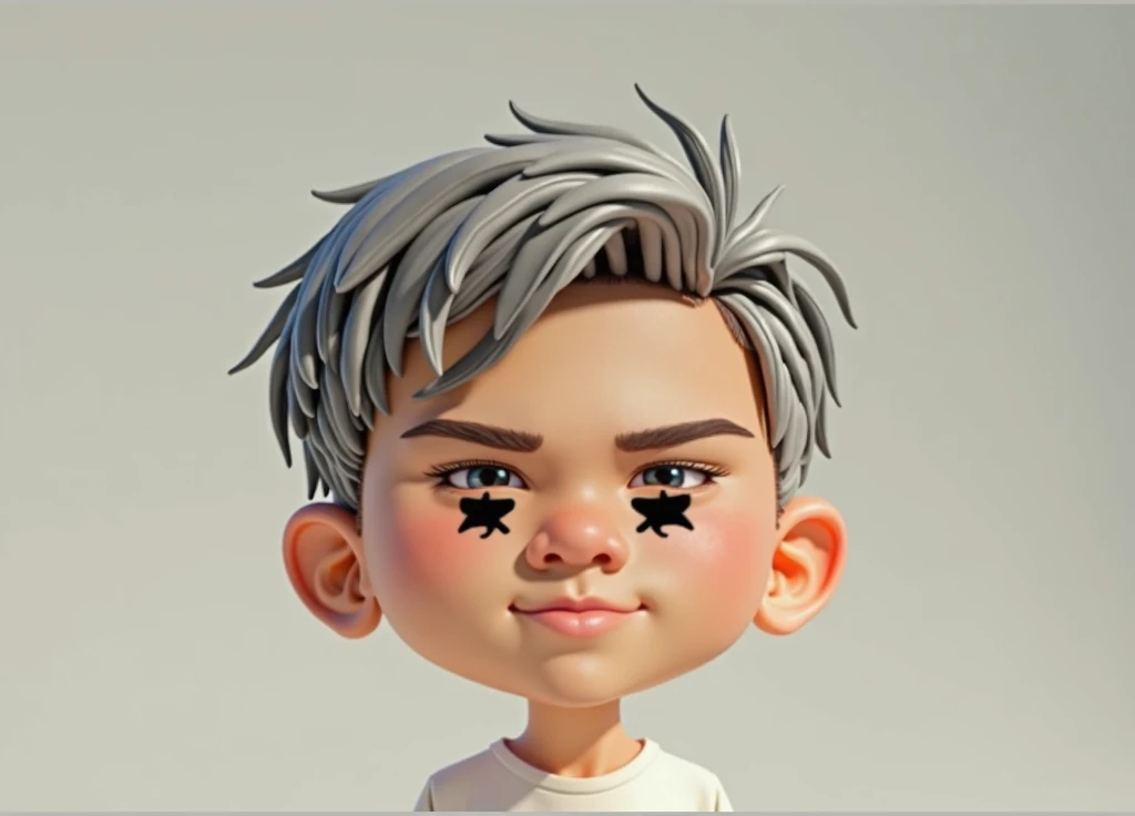 create a character in a 3D pixar style drawing of a  boy, with thin eyebrows, with a grayish short, combed back, who is wearing jeans and a white shirt, which he applies all over his body, without a background image, a solid color background.