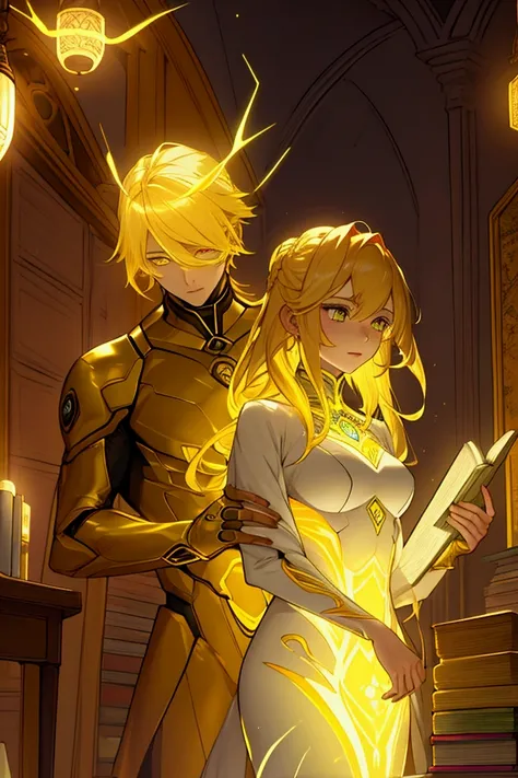 Lumina with her body surrounded by an aura of light and energy. His suit is a bright yellow color, with a pattern of books and lamps that reflect his skill with education and awareness. Her hair is long and blonde, and his eyes shine with infinite passion ...