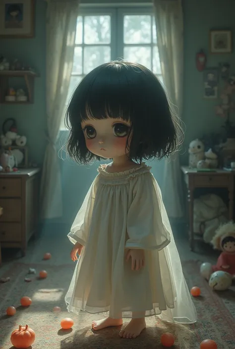 A cute girl with a half-transparent bob head is having fun playing, She is a ghost, a room in an old house filled to the brim with sweets and toys, a zashiki-warashi, a little horror, double exposure