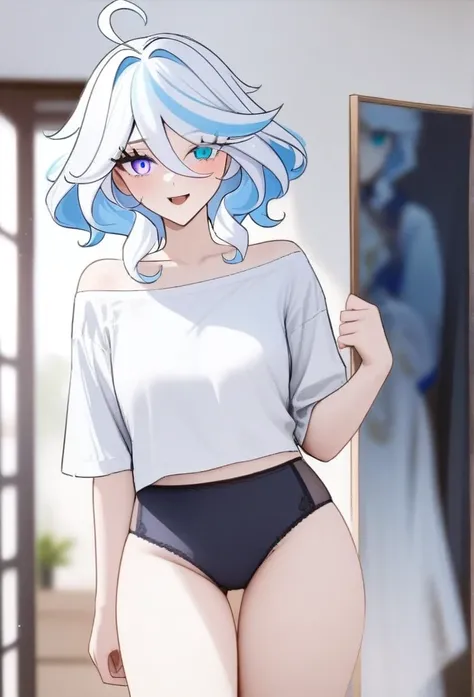 work of art, best qualityer, very aesthetic, absurderes, 1 girl, wearing short underwear, Inside the house,Furina(impacto genshin), heterochromia,Caucasian hair,blue colored eyes,,blur the background,Background blur,