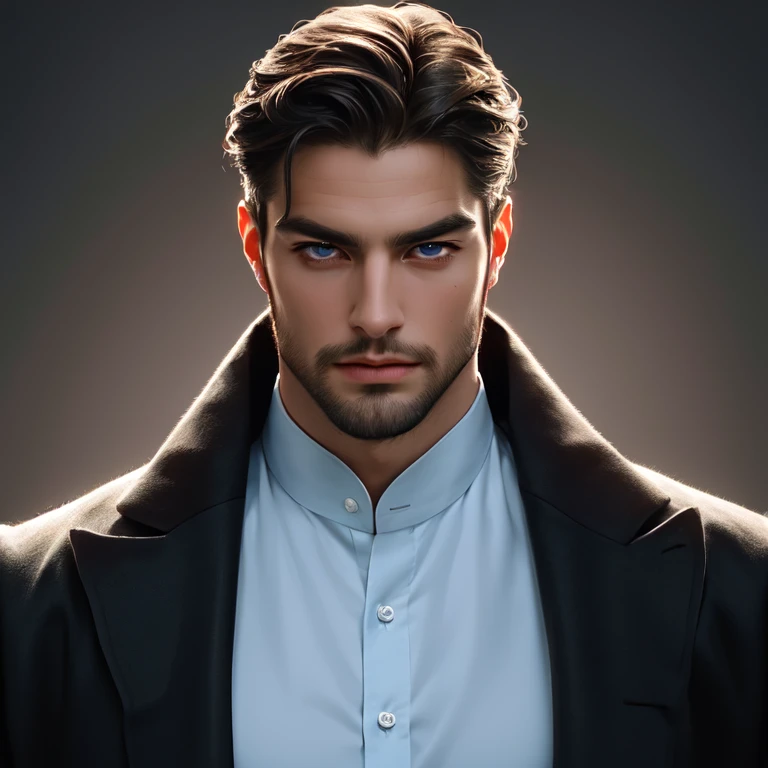 a handsome 3 man with dark hair, blue eyes, fair skin, well-defined features, a neatly trimmed beard, wearing elegant attire, with a stern expression, athletic build, broad shoulders, upright posture, always impeccably dressed, (best quality,4k,8k,highres,...