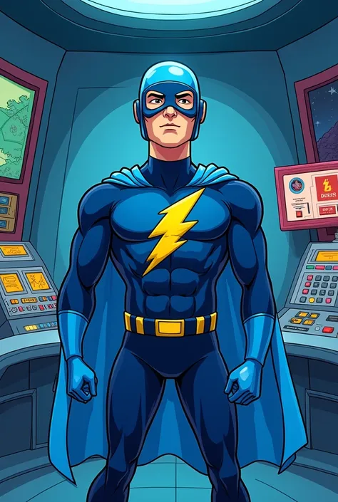 An American hero program from the 90s, the blue uniform is framed with dark blue, a yellow lightning symbol in the middle, wearing the helmet, a blue visor with a white outline, his secret hideout is a blue space rocket made of iron, a control panel to sta...