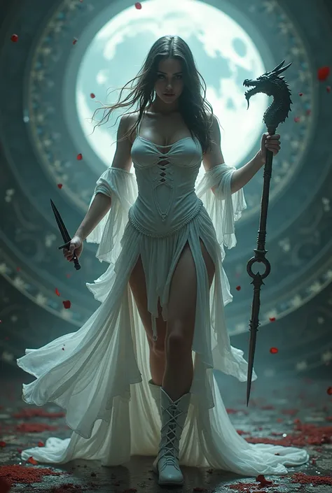 photorealistic female mage in white costume with drops of blood hovering in the air, casting a spell with several glowing magic circles around her, intricate gears and elements intertwined with magical symbols, intense concentration on his face,curvy breas...