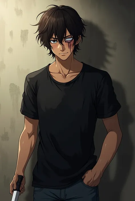 young man, with tanned skin, dark brown wavy and messy shoulder length hair. with black shirt and jeans. blind in the left eye, with a cut on his left eye, with dark circles. holding a knife. Anime style.
