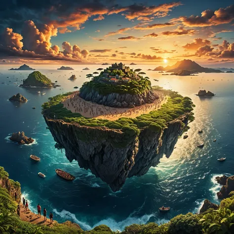 a large mysterious floating island in the evening sky, crowds gazing at the island in awe, floating island in the sea, people ga...