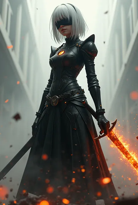 2B from Nier Automata Flux wearing cybernetic clothing and blindfolded holding a flaming katana