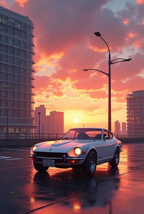 **Prompt: Dawn Port Animation-Style Image**  
A mesmerizing scene of a Yokohama Bay Area expressway parking area bathed in the dazzling morning sunlight. The magical hour of dawn casts a warm glow on the sky, with the iconic skyline of Yokohamas high-rise ...