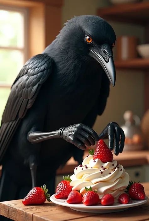 a raven, making strawberries and cream 