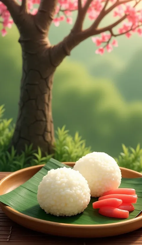 ((Best Quality)), ((masterpiece)), (detailed),
A tall tree々Against the backdrop of、Two round rice balls on a bamboo leaf plate、Pickled radish is served on the side.。Background tree々There are small pink flowers blooming on、While drawing warm and calm natura...