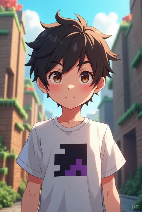 A boy anime version, with a face between arrogant and funny, white skin, brown eyes, hair that slightly covers your face, dark brown, a white T-shirt, with a black and purple square logo, and with a minecraft theme 