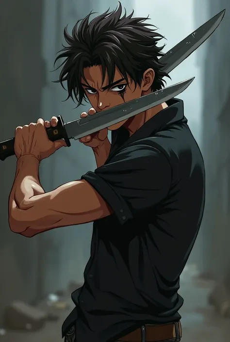 young man, with tanned skin, dark brown wavy and messy shoulder length hair. with black shirt and jeans. With cut and blind left eye, with dark circles. holding a knife. Anime style.
