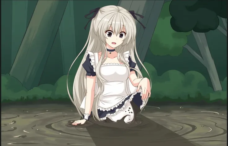 best quality,ultra-detailed illustration anime style,1girl,maid outfit,sinking in brown mud,her body sank to her Breasts white long hair,determined expression,intense eyes,dynamic angle, her chest bigsize 4K resolution,muddytexture,muddy splashes,dramatic ...