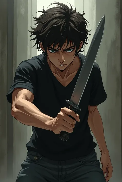 young man, with tanned skin, dark brown wavy and messy shoulder length hair. with black shirt and jeans. With cut and blind left eye, with dark circles. holding a knife. Anime style.
