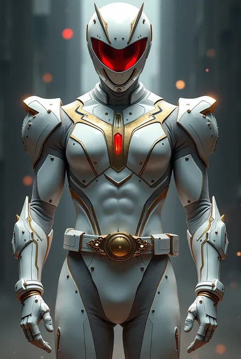 1boy, full body, Illustration, cinematic light, high resolution, best quality, ultra detailed, masterpiece, power suit, powerranger, suit, spd, (Silver and Gold chestplate), red and gold detail, (((white suit))),