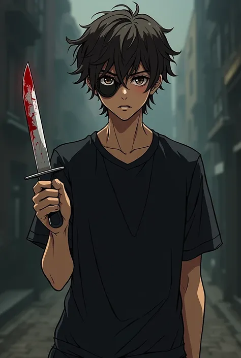 young man, with tanned skin, dark brown wavy and messy shoulder length hair. with black shirt and jeans. With cut and blind left eye, with dark circles. Holding a blood-stained knife. Anime style.
