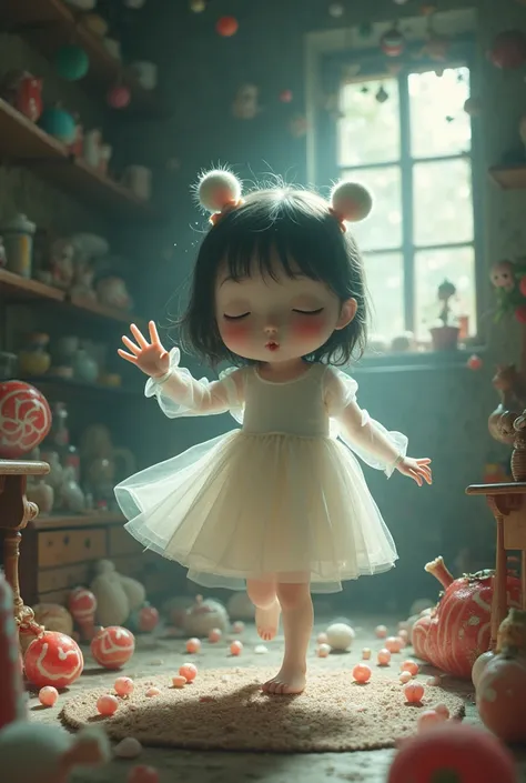 A cute girl with a half-disappeared bobble head is having fun, She is a ghost, a room in an old house filled to the brim with sweets and toys, a zashiki-warashi, a little horror, double exposure