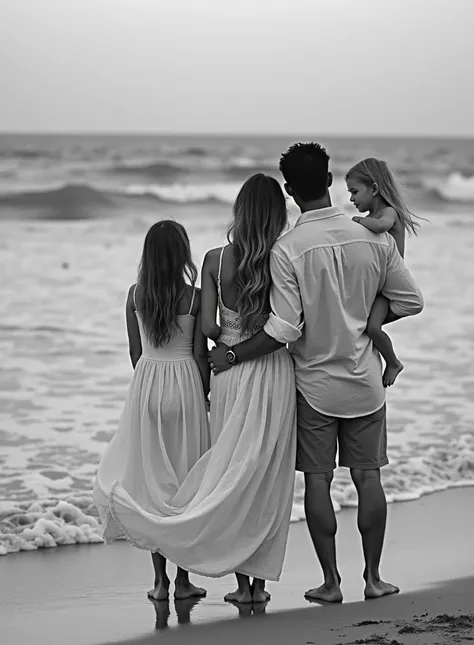 "Create a black-and-white photo of a family standing on the beach, viewed from behind. The mother is wearing a flowing white bohemian-style dress, and the father is in a white shirt and gray shorts. They are holding hands with their two children: a  girl a...