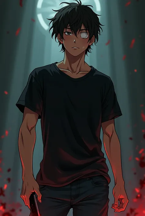 young man, with tanned skin, dark brown wavy and messy shoulder length hair. with black shirt and jeans. With cut and blind left eye, with dark circles. Holding a blood-stained knife. Anime style.
