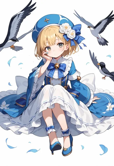 Uekura, One girl, Blonde, White background, Have, dress, Blue footwear, wing, Simple Background, signature, flower, Manicure, Wide sleeves, Long sleeve, , animal, white flower, Alone, whole body, bird, Staring at the audience, High heels, Put your hand on ...