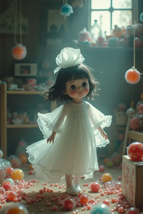 A cute girl with a half-disappeared bobble head is having fun, She is a ghost, a room in an old house filled to the brim with sweets and toys, a zashiki-warashi, a little horror, double exposure