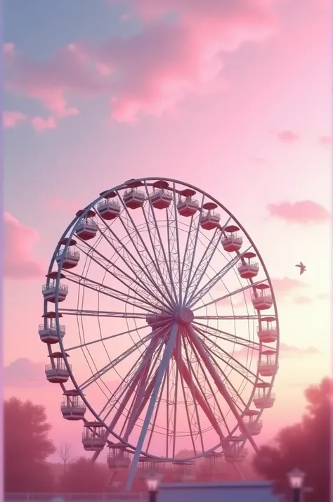 Photo of a ferris wheel with a pink sky
