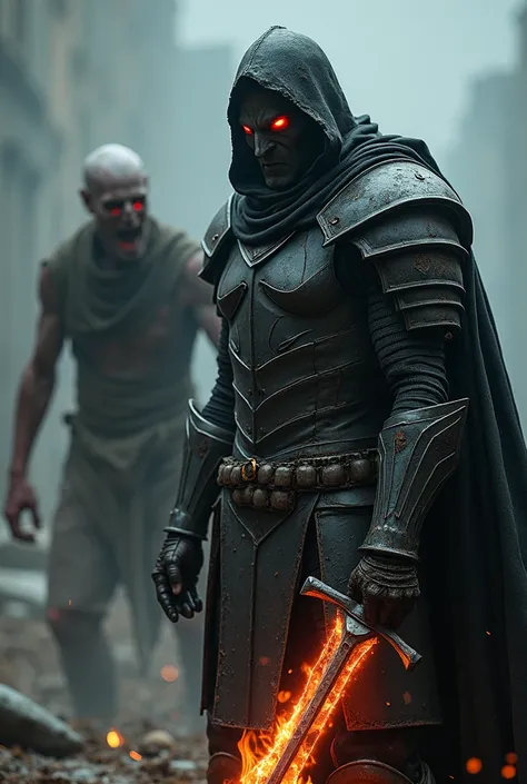 a dark knight with a flaming sword, facing a zombie, highly detailed, 8k, photorealistic, muscular knight, glowing red eyes, tattered cloak, menacing pose, decaying zombie, gritty post-apocalyptic setting, cinematic lighting, moody color palette, dramatic ...