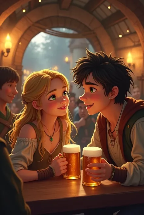 A young blonde girl looking at a young man with black hair and green eyes laughing at the same table and listening to his stories. Scene: a tavern with villagers partying.