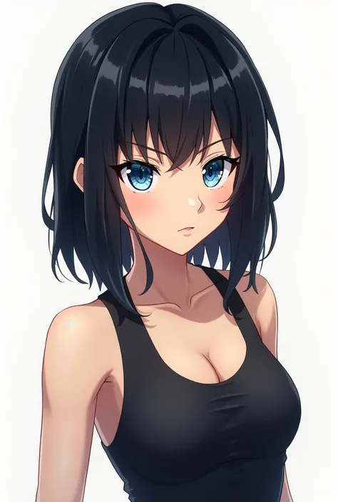 Black haired girl, sky blue eyes, good body, linda, white, serious expression, of anime, my hero academia animation 