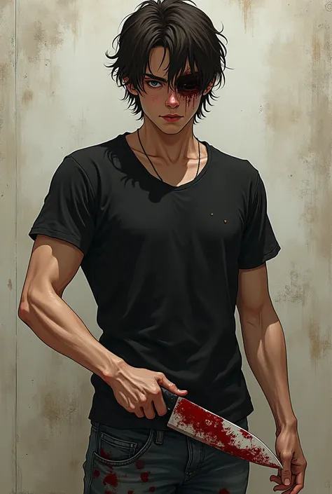 young man, with tanned skin, dark brown wavy and messy shoulder length hair. With a black shirt and blood-stained jeans. With cut and blind left eye, with dark circles. Holding a blood-stained knife. Anime style.
