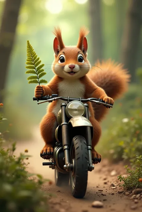 Squirrel riding a dirt bike holding a fern leaf