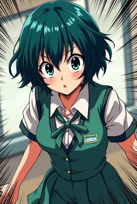 Boku no hero academia comics panel of a female. she has teal short hair, and black eyes
she is a hero, she is wearing Ua school uniform. in classroom.