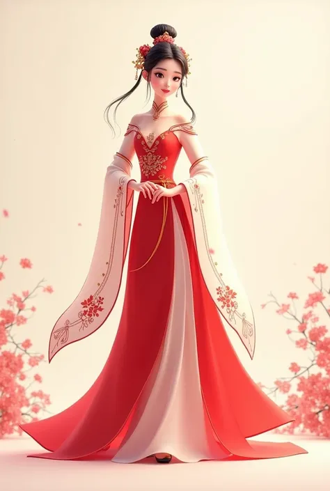 animated china in red and white hanfu dress. Background flank and the complete suit is visible
