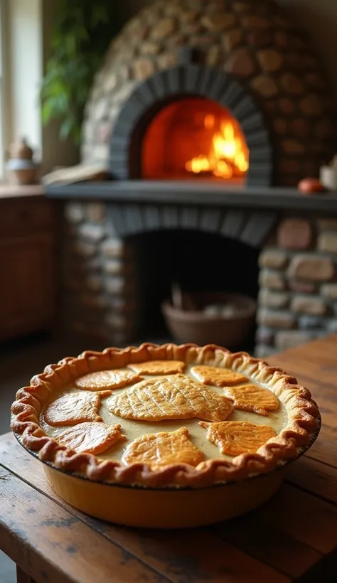 ((Best Quality)), ((masterpiece)), (detailed),
A retro kitchen with a stone oven is in the background、
Antique large white oval baking dish。
Delicious looking pie in a baking dish。
The surface of the pie is made of pie crust and has a large fish pattern on...