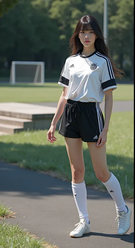 Adidas white soccer uniform、Slender、beautiful girl、Japanese、Idol