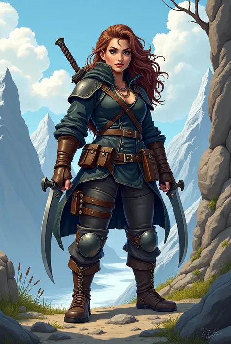 7 Dwarf Woman from the mountains 1.21m Strong, robust One green eye and one blue Curly brown hair, long 2 daggers on the legs White skin A short crossbow with 20 arrows Rapier in a sheath Criminal Black clothes I wear leather armor Do it in a cartoon style...