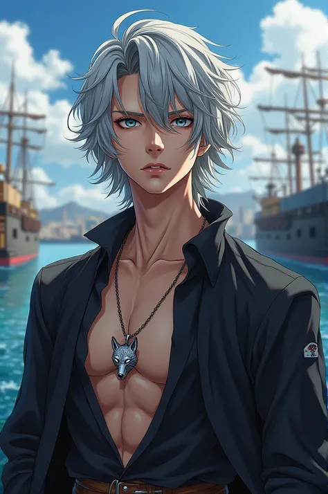 Character Image A 1 teenage male.
Physical characteristics: silver hair, semi long back,height of 1.78 meters, medium strong body with muscles.
outfit: He is wearing a navy blue coat and light long pants..
accessories: A necklace with a wolf&#39;s head in ...