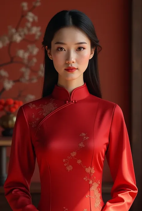 china in red traditional qipao dress. Background flank and the complete suit is visible
