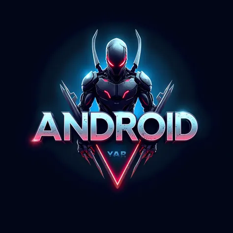 Create a logo name capitalized ANDROID with metallic and alien ravager fonts for my motorcycle videos with a symbolism type with dominant blue color and red lining