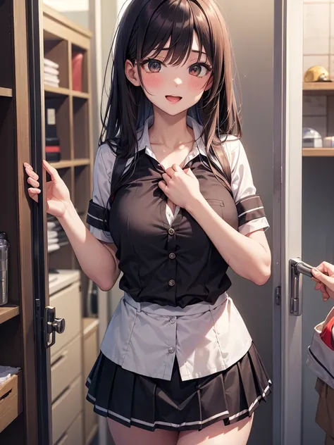 ((Best Quality)), ((masterpiece)), (detailed), One person,Age 25,Uniform,student,(mini skirt),(Please open the buttons on your shirt),Shoulder Bare,Red cheeks,Underbust,(I can see your chest),(Excited expression),(Seduce),night,circuit,Dim lighting,(暗いnigh...