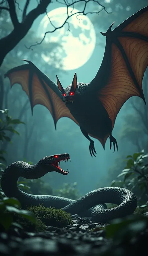 An epic confrontation between a massive bat and a cobra in a dark jungle setting. The bat, with leathery wings spread wide, sharp claws extended, and glowing red eyes, hovers in the air, ready to strike. Opposite, the cobra, with scales glistening under th...