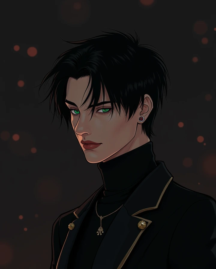 Handsome adult male, strong jawline, Gucci model, gothic, black hair, 90s aesthetic, deep green eyes 