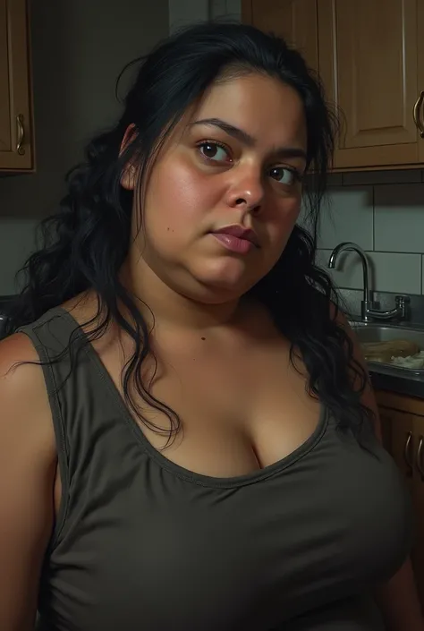 Viviana is a very huge obese 3 Argentine woman, very poor, very overweight, very wide hips and very fat legs, medium height, tanned skin, no makeup and long, wavy black hair tied in a ponytail. selfie of his face looking sideways at the camera with his lip...