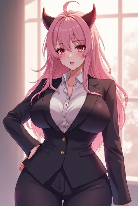 make a woman, of 20, light pink hair, pale skin, voluptuous body, with moles under his eyes.  Wear a suit that fits your body. He has demon horns and eyes with cat pupils.. Anime version. full body.