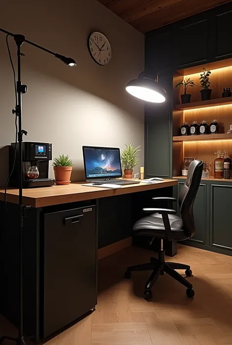 ManyGaugesAI, 
photoshoot studio with DSLR camera, photo studio lighting, photo editing table, mini bar and coffee machine 